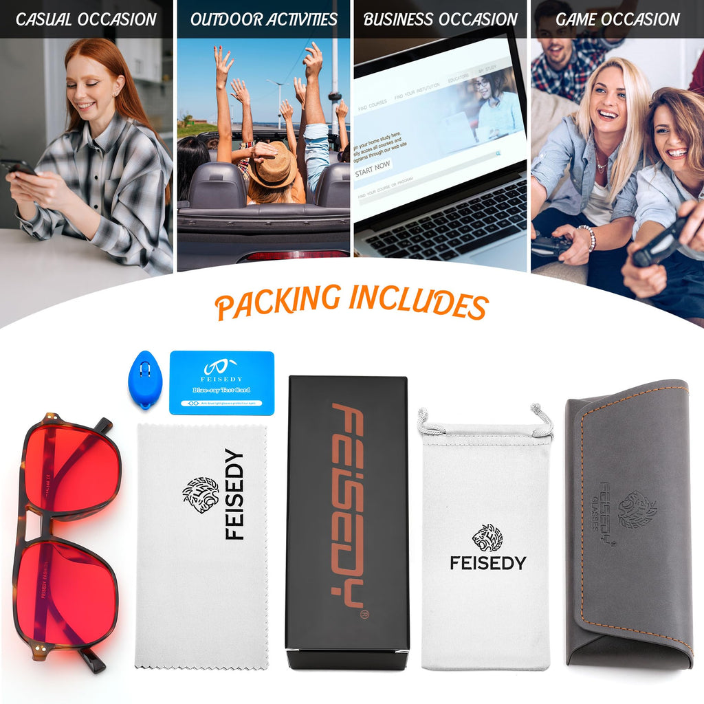 FEISEDY Sleep Blue Light Blocking Glasses for for Woman Men 99.9% Anti Blue Light Computer Gaming Red Lens Eyeglasses Reduce Eyestrain G2835