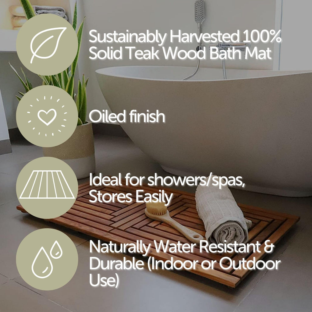 Nordic Style Teak Shower, Bath and Spa Mat | Indoor + Outdoor Use | Non-Slip Wood Platform | Spa, Sauna, Pool, Hot Tub | Luxury Decor | Framed Oiled Finish (40" x 20")