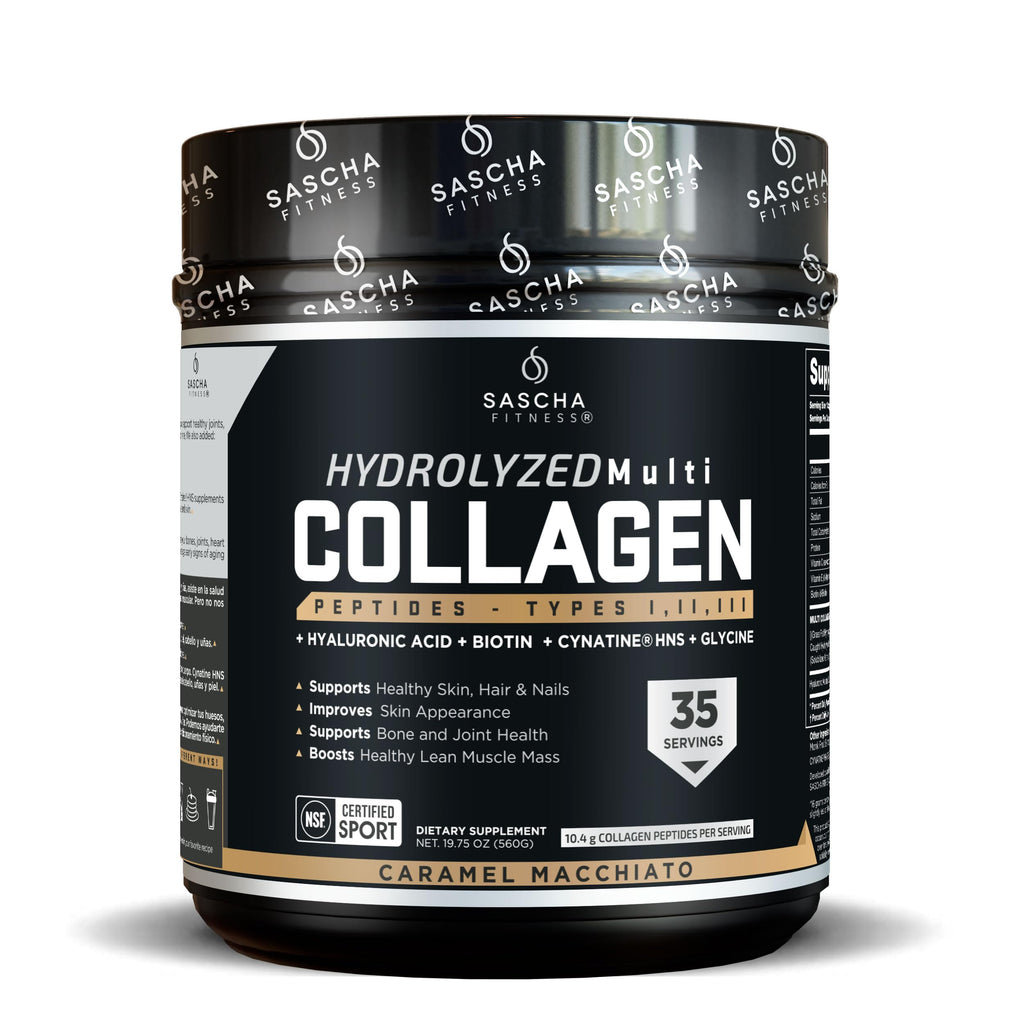 SASCHA FITNESS Hydrolyzed Multi Collagen Peptides Tipes 1,2 & 3 |Hyaluronic Acid|Biotin |Cynatine HSN|Vitamin C & E |for Hairs, Skin & Bone Support|Caramel Macchiato