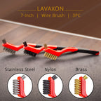 Wire Brush Set 3PCS - Nylon/Brass/Stainless Steel Bristles with Curved Handle Grip for Rust, Dirt & Paint Scrubbing with Deep Cleaning – 7 Inches (Red)