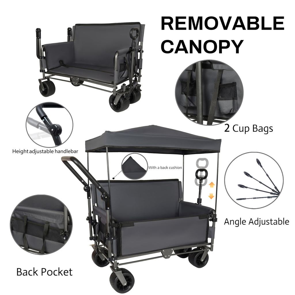 ZeHuoGe 3-in-1 Folding Wagon Cart with Bench Seat & Canopy & Storage, 500lbs Heavy-Duty, 180L Capacity, All-Terrain Wagon for Camping, Beach, Sports, & Garden (Gray)