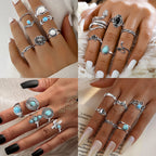 JOERICA 75 Pcs Vintage Turquoise Rings for Women Silver Knuckle Rings Bohemian Oval Gemstone Rings Western Rings Stackable Joint Finger Rings Midi Stacking Rings Set