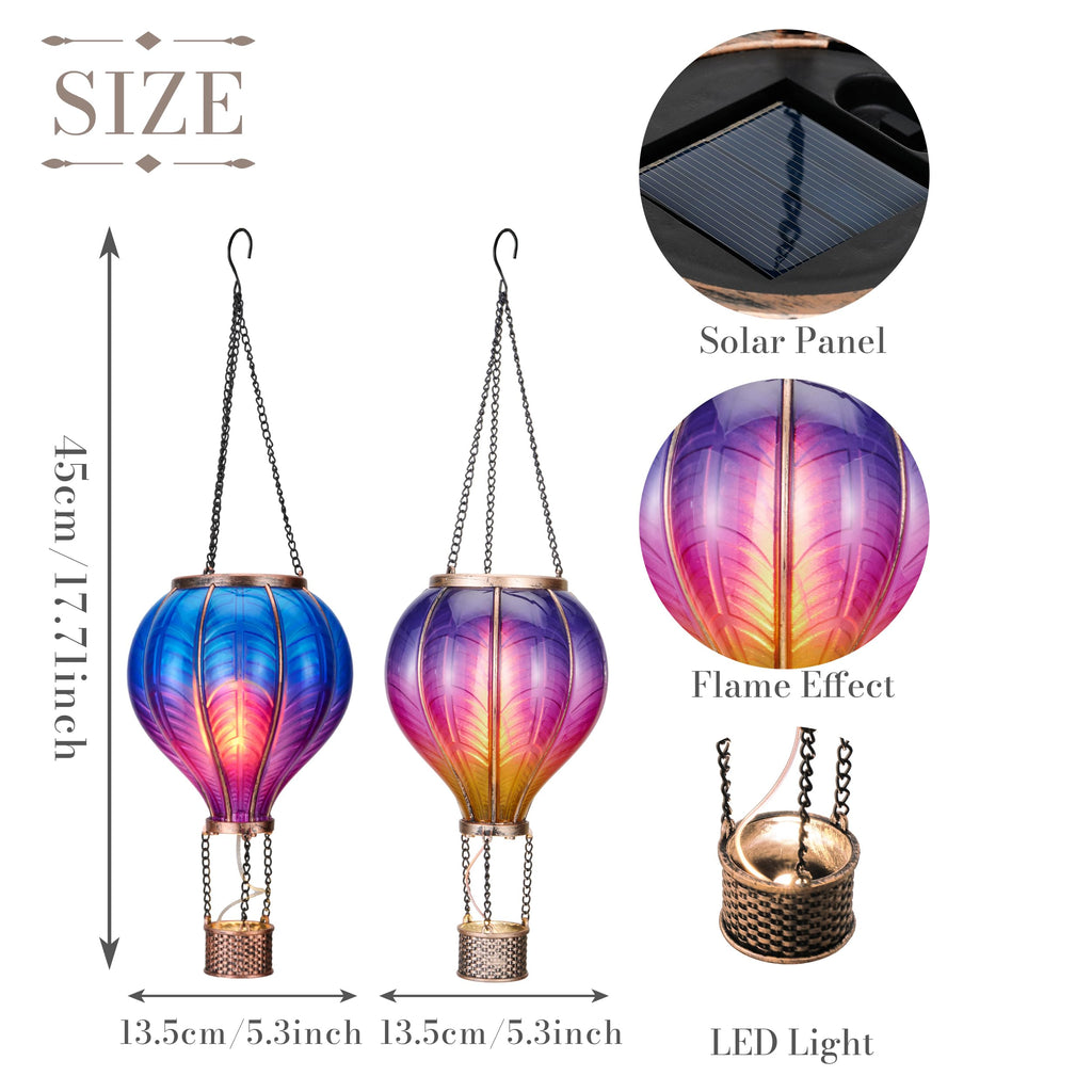 TERESA'S COLLECTIONS 2 Pack Hanging Solar Lantern Outdoor Garden Decor for Valentine,Waterproof Plastic Hot Air Balloon Purple Flickering Flame Effect Lantern for Yard Tree Gift for Mom,18"