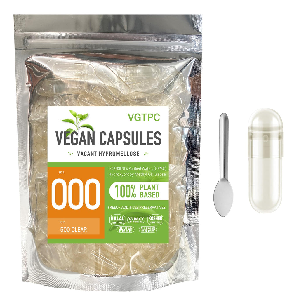 VGTPC Size 000 Empty Vegetarian Capsules, (500 Count) Vegan Clear Fillable Veggie Pill Capsules for DIY Supplement Filling