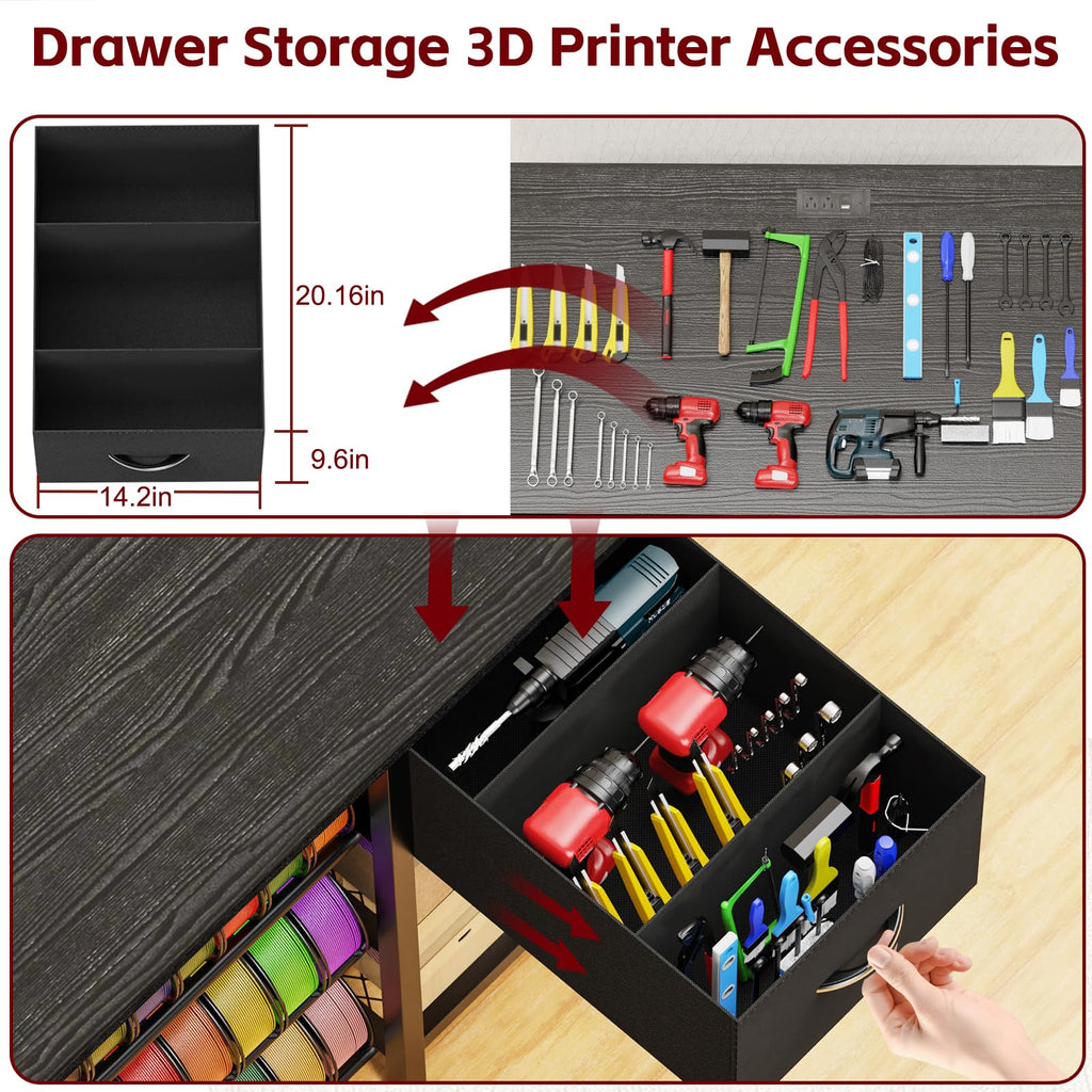 GUULIBERA 3D Printer Stand with Filament Storage Rack, Black 3D Printer Table with Power Outlet, 3-Tier Filament Holder with Drawer, 3D Printer Filament Stand Organized for Office Workshop Studio