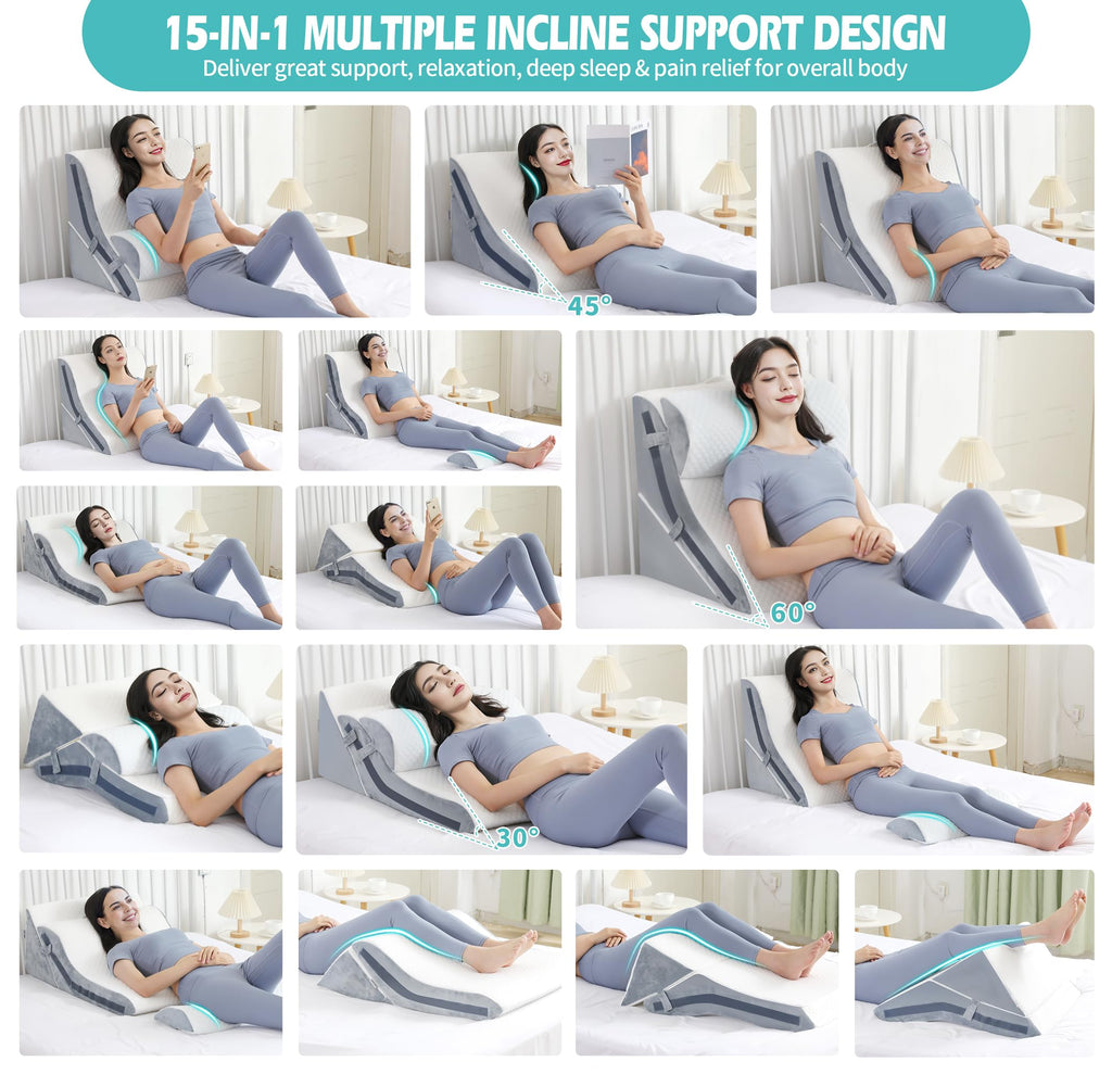 Simpledad Wedge Pillow for Sleeping, Orthopedic Bed Wedge Pillow Set, 15-in-1 3PCS Adjustable Memory Foam Wedge Pillows Post Surgery, 9 &16 & 20 inches Height 3-in-1 Incline Wedges Pillows