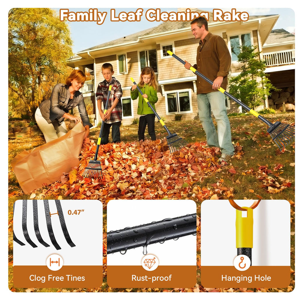Rake, Garden Leaf Rakes for Lawns Heavy Duty, Yard Metal Rake Tools with 9" Small Narrow Rake Head, 65” Adjustable Long Handle, 11 Steel Tines, Quick Clean up Rake for Shrub, Flower Bed, Camping