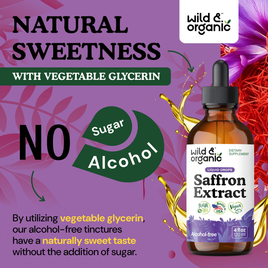 Wild & Organic Saffron Supplements 88.5 mg - 5-Month Supply - Saffron Extract Drops for Mood, Focus, Eye Support - Crocus Sativus Liquid Extract - Vegan, Alcohol & Sugar-Free Tincture - 4 fl oz