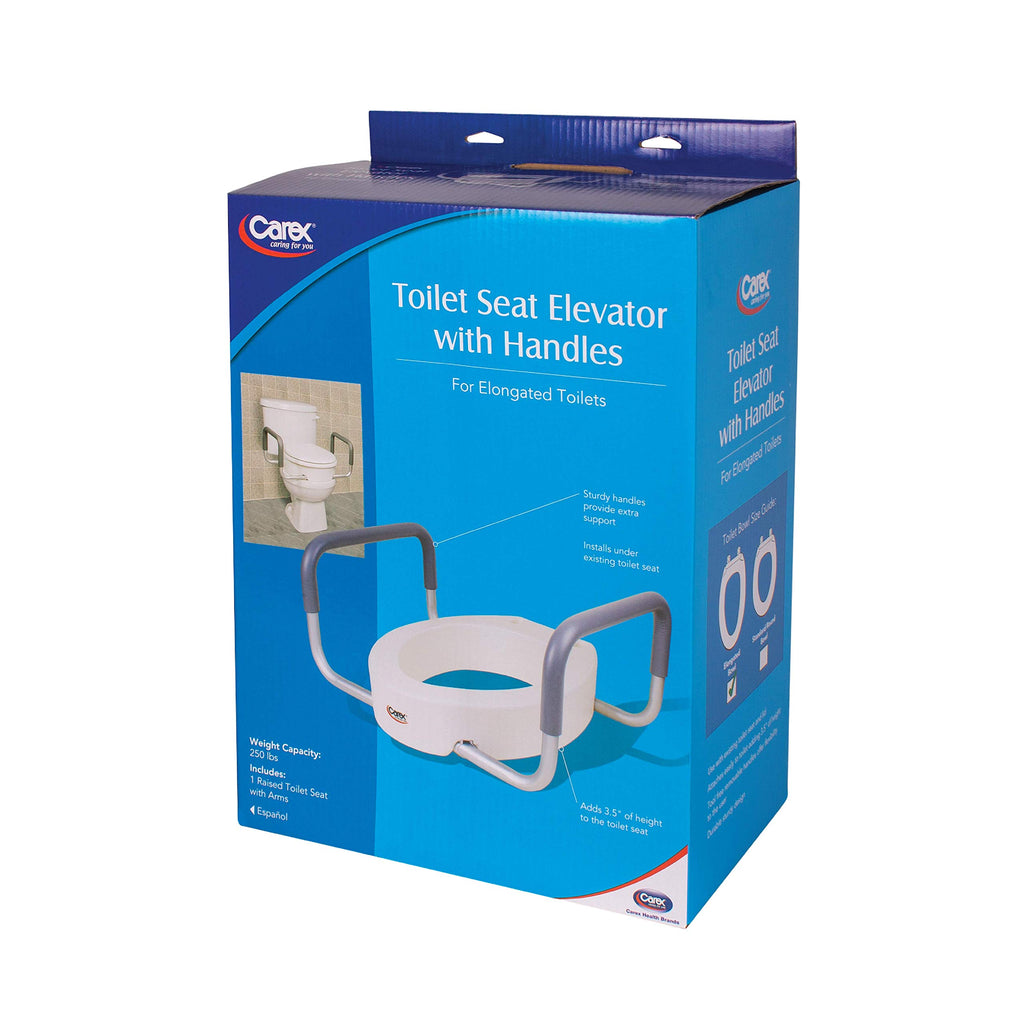 Carex 3.5 Inch Raised Toilet Seat with Arms, Elongated Toilet Seat Riser, Up to 250 lbs Capacity, Elevating & Raising Seat for Elderly & Handicap, Universal, Slip-Resistant with Padded Handles, White