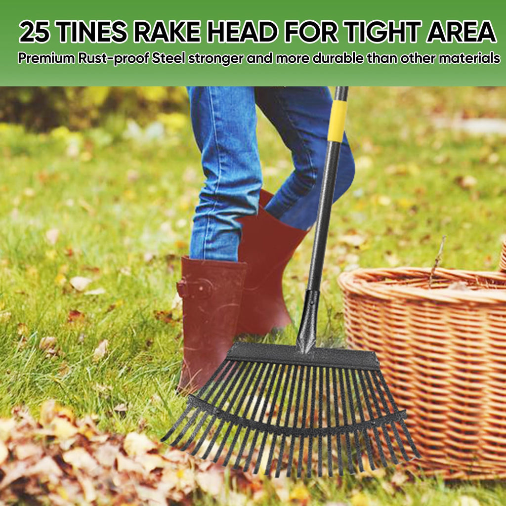 Coopvivi Garden Leaf Rakes, 6FT Rakes for Lawns Heavy Duty 25 Metal Tines 18.5 inch Wide, Adjustable Steel Handle, Rakes for Leaves, Gathering Shrub, Grass, Flower Beds