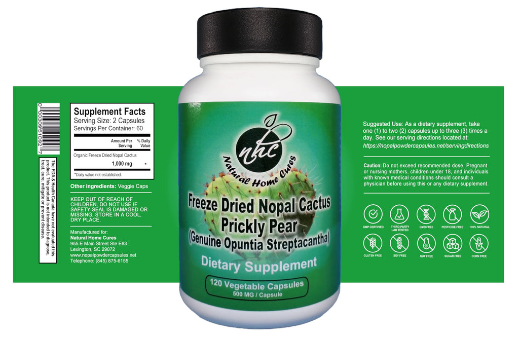 Natural Home Cures Nopal Cactus Capsules - Freeze Dried Prickly Pear Extract - Fiber Supplement for Metabolic Health Support - Rich in Betalains & Nitrates - Non-GMO - 120 Veggie Caps (1 Bottle)