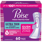 Poise Ultra Thin Incontinence & Postpartum Pads with Wings for Bladder Leaks, 5 Drop Maximum Absorbency, Long Length, 60 Count (Packaging May Vary)