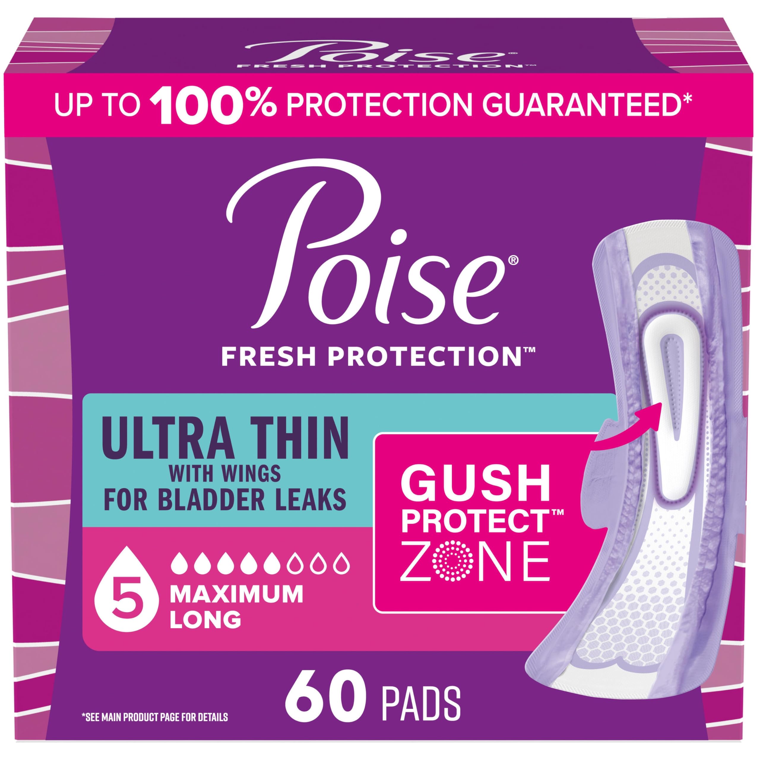 Poise Ultra Thin Incontinence & Postpartum Pads with Wings for Bladder Leaks, 5 Drop Maximum Absorbency, Long Length, 60 Count (Packaging May Vary)