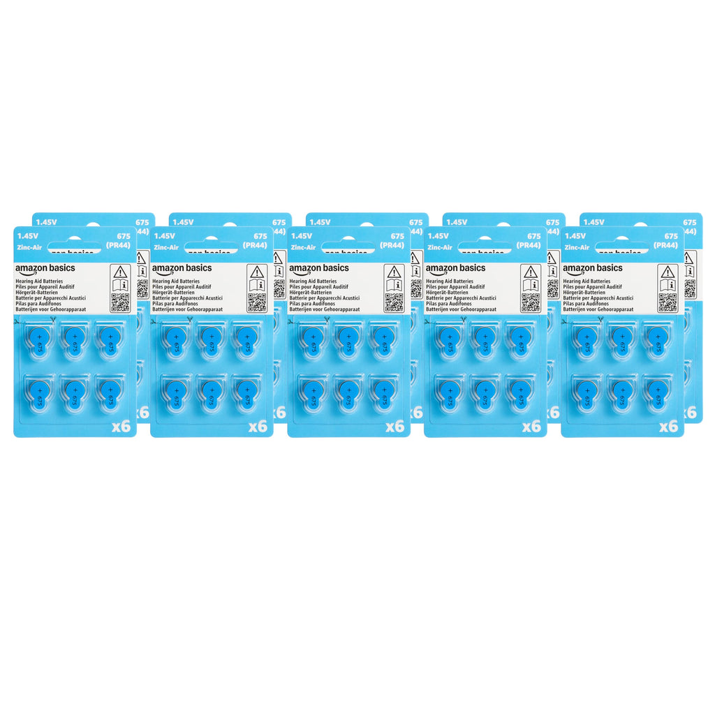 Amazon Basics 60-Pack Hearing Aid Size 675 Zinc-Air Batteries, 1.45 Volt, Blue Tab, 4-Year Shelf Life, Child-Safe Package (Use Scissors to Open)
