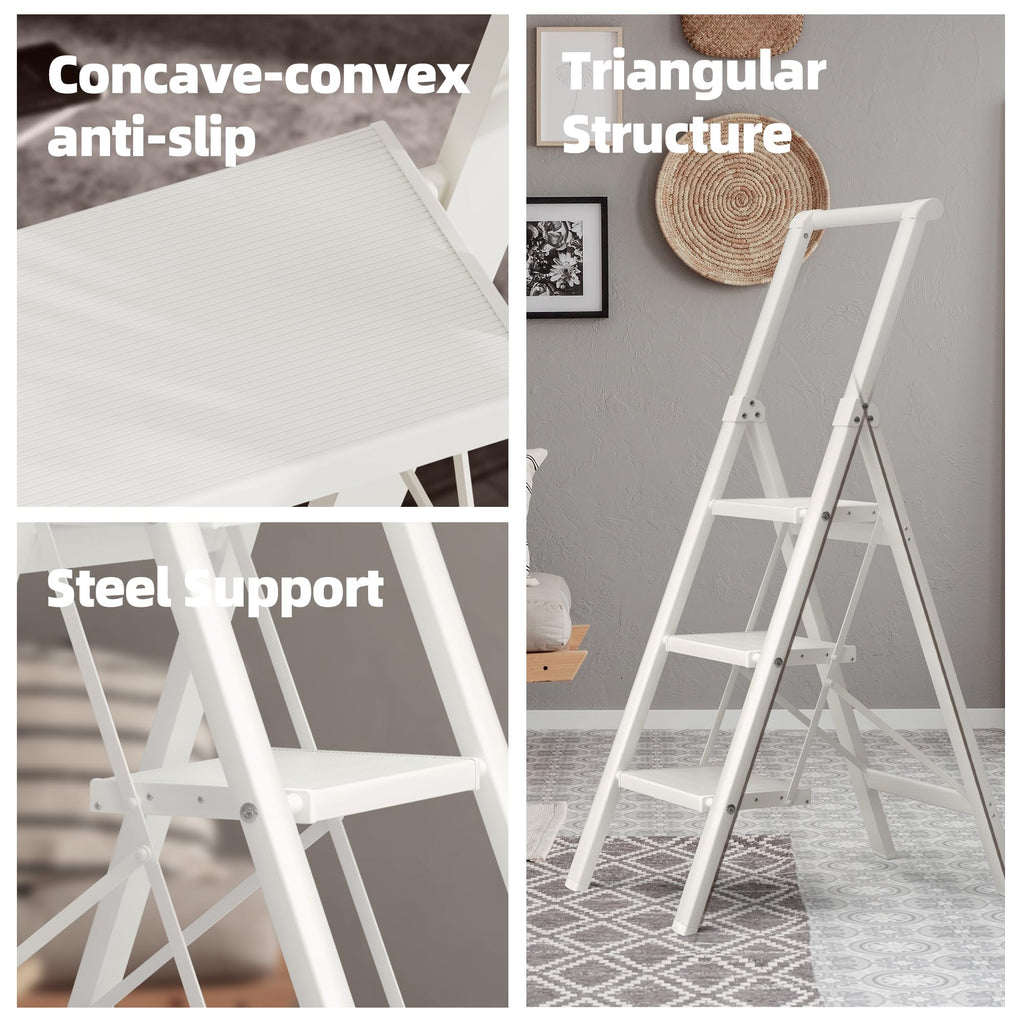 HillhutApex 3 Step Foldable Aluminum Step Ladder with Handgrip, Anti-Slip Pedal, 330 lbs Capacity, Lightweight & Portable for Home, Kitchen, Office, Garage (White)