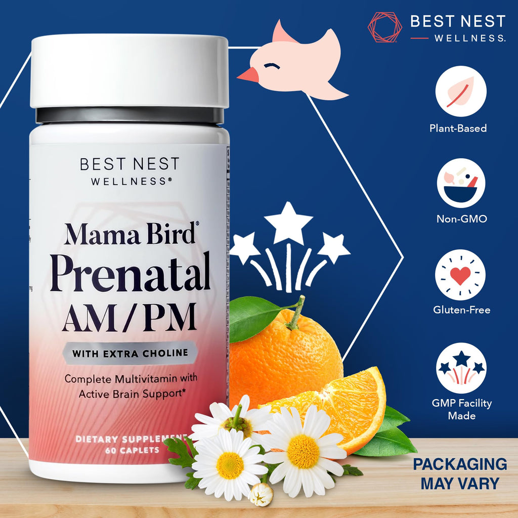 Mama Bird AM/PM Prenatal Multivitamin | Methylfolate (Folic Acid), Methylcobalamin (B12), 100% Natural Whole Food Organic Herbal Blend, Vegan, Twice Daily Vitamin, 60 Count ……