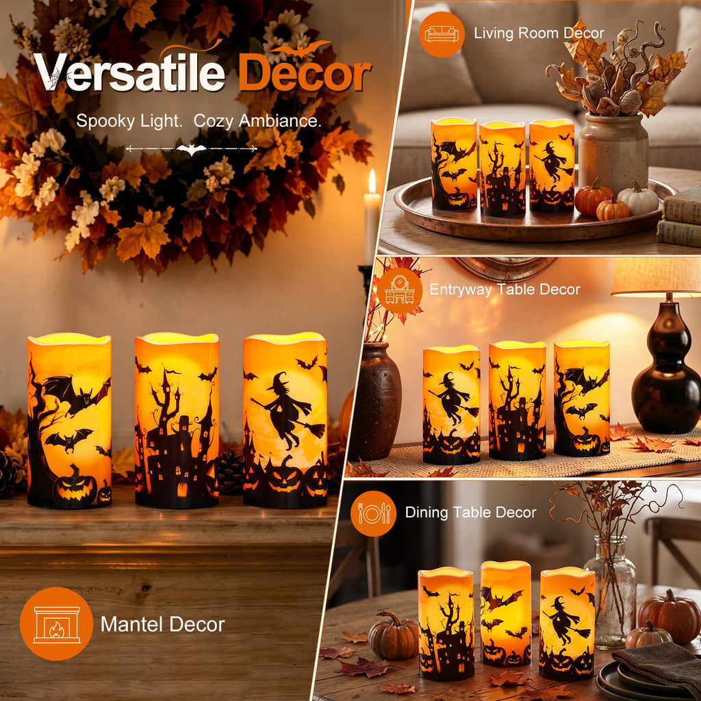 Homemory Halloween Waterproof Flameless LED Pillar Candle with Timer Remote