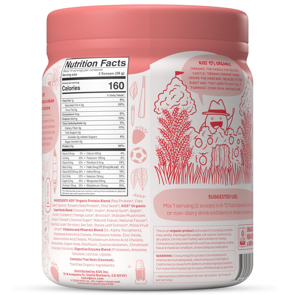 KOS Vegan Protein Powder, Strawberries & Cream USDA Organic - Low Carb Pea Protein Blend, Plant Based Superfood with Vitamins & Minerals, Gluten Free - Meal Replacement for Women & Men - 10 Servings