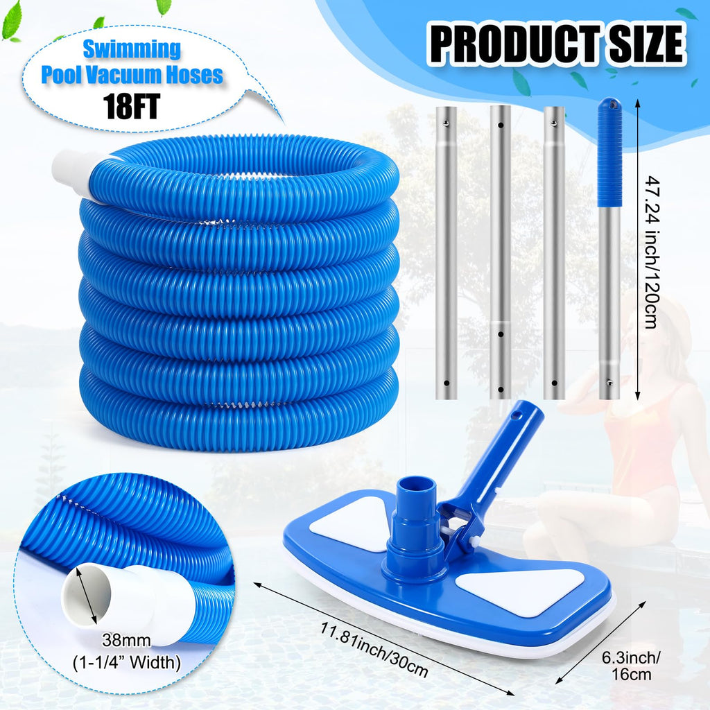 Innconee 3 Pcs Pool Vacuum Kits Include 11.8" Vacuum Head with 47" Adjustable Pole with 1-1/2" x 18ft Long Hoses Flexible Head with Wheels for Above Ground Inground Pond Spa Hot Tub