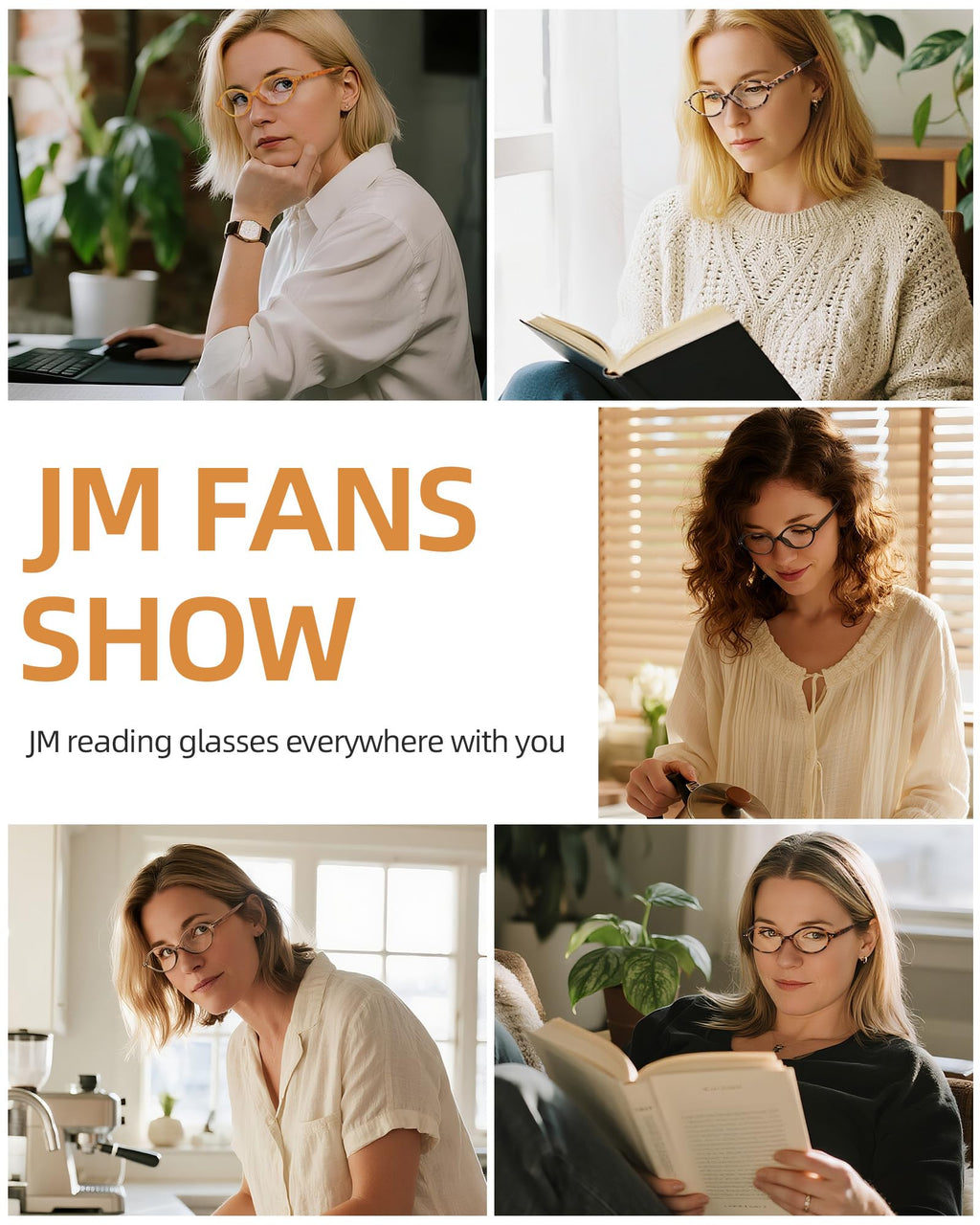 JM 5 Pack Oval Reading Glasses for Women, Trendy Blue Light Blocking Computer Readers with Spring Hinges +1.5