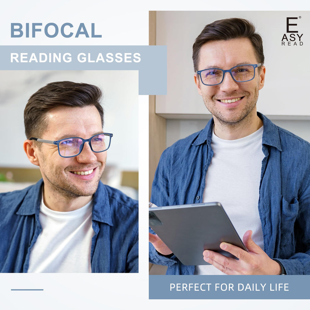 EASY READ 2 Pairs TR90 Bifocal Reading Glasses for Men,Rectangular Sport Blue Light Blocking Readers with Spring Hinge(Magnification 1.50,Black/Blue)