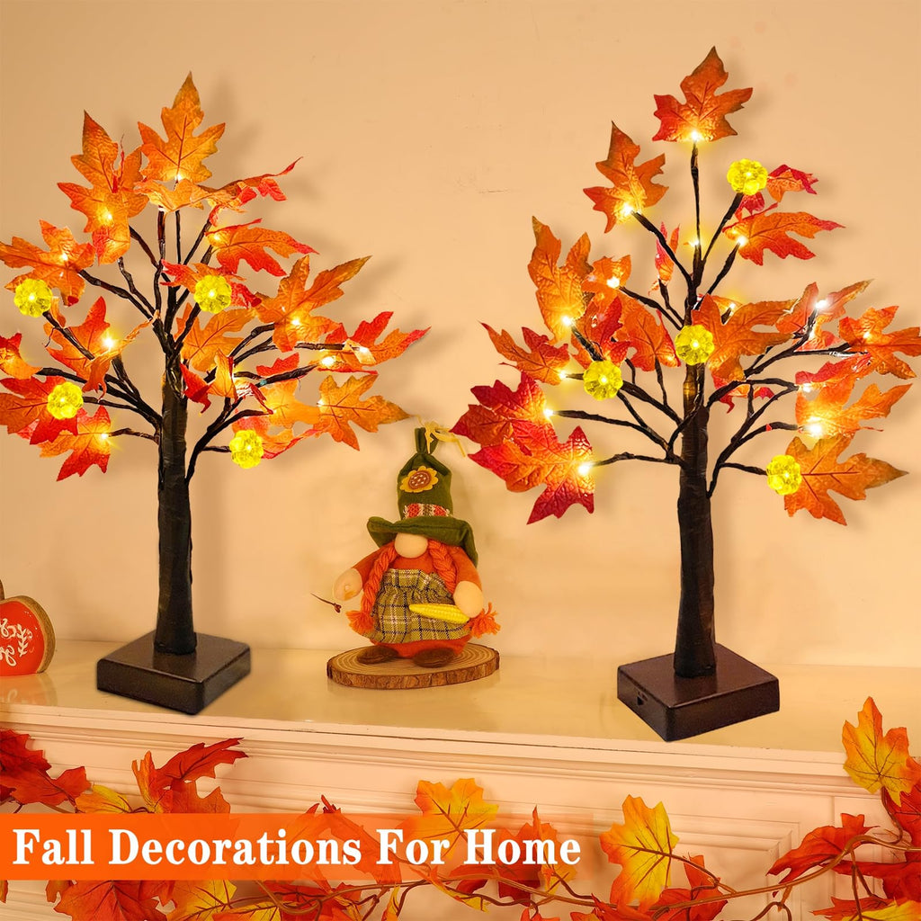 TURNMEON Fall Decor 2 Pack 24 Inch Prelit Fall Maple Tree 48 LEDs Timer