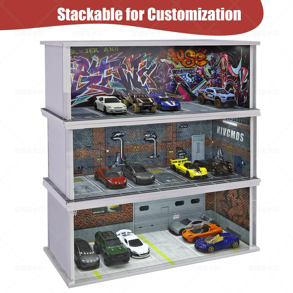 Saichotoy Display Case for Hot Wheels: Stackable Parking Garage for 1/64 Scale Matchbox Toy Car, Foamboard Storage for Monster Trucks with LED Light and Acrylic Cover, Depot