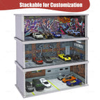 Saichotoy Display Case for Hot Wheels: Stackable Parking Garage for 1/64 Scale Matchbox Toy Car, Foamboard Storage for Monster Trucks with LED Light and Acrylic Cover, Depot