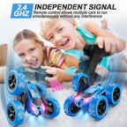 QUNREDA Remote Control Car, RC Cars Toys for Kids Ages 6-12, 4WD Stunt Car with LED Lights & 360° Flips, 2.4GHz, Upgraded USB-C Modular Batteries, 8-10 Year Old Boys Birthday Gift 1-Blue