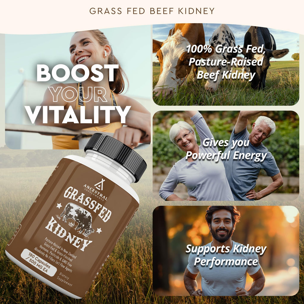 Ancestral Supplements Grass Fed Beef Kidney Supplement, 3000mg, DAO Enzyme Supplement, Kidney Support for Urinary and Histamine Health, Selenium, B12, Non GMO, 180 Capsules