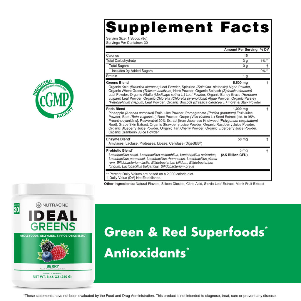 NutraOne Ideal Greens Antioxidant and Nutrient-Rich Superfood Greens Powder Supplement Berry- 30 Servings