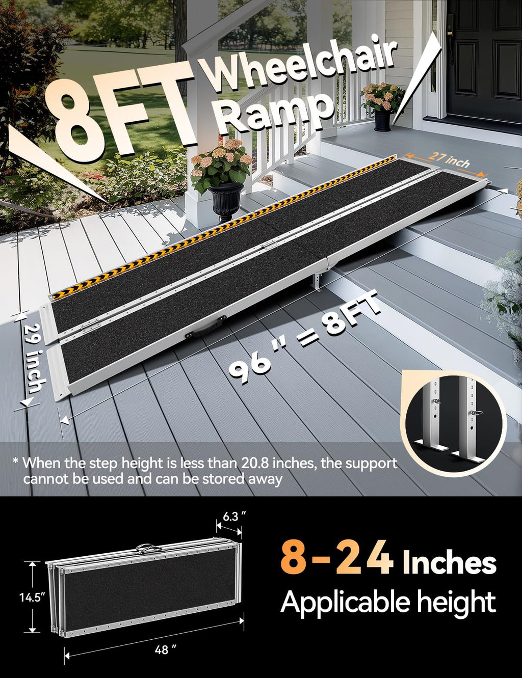 FACHNUO 8 Feet Portable Wheelchair Ramp, Non-Skid Aluminum Handicap Ramps with Handle, Folding Threshold Wheel Chair Ramp for Home Steps, Stairs, Entry, Threshold, Doorways, Scooter, 800LBS Capacity
