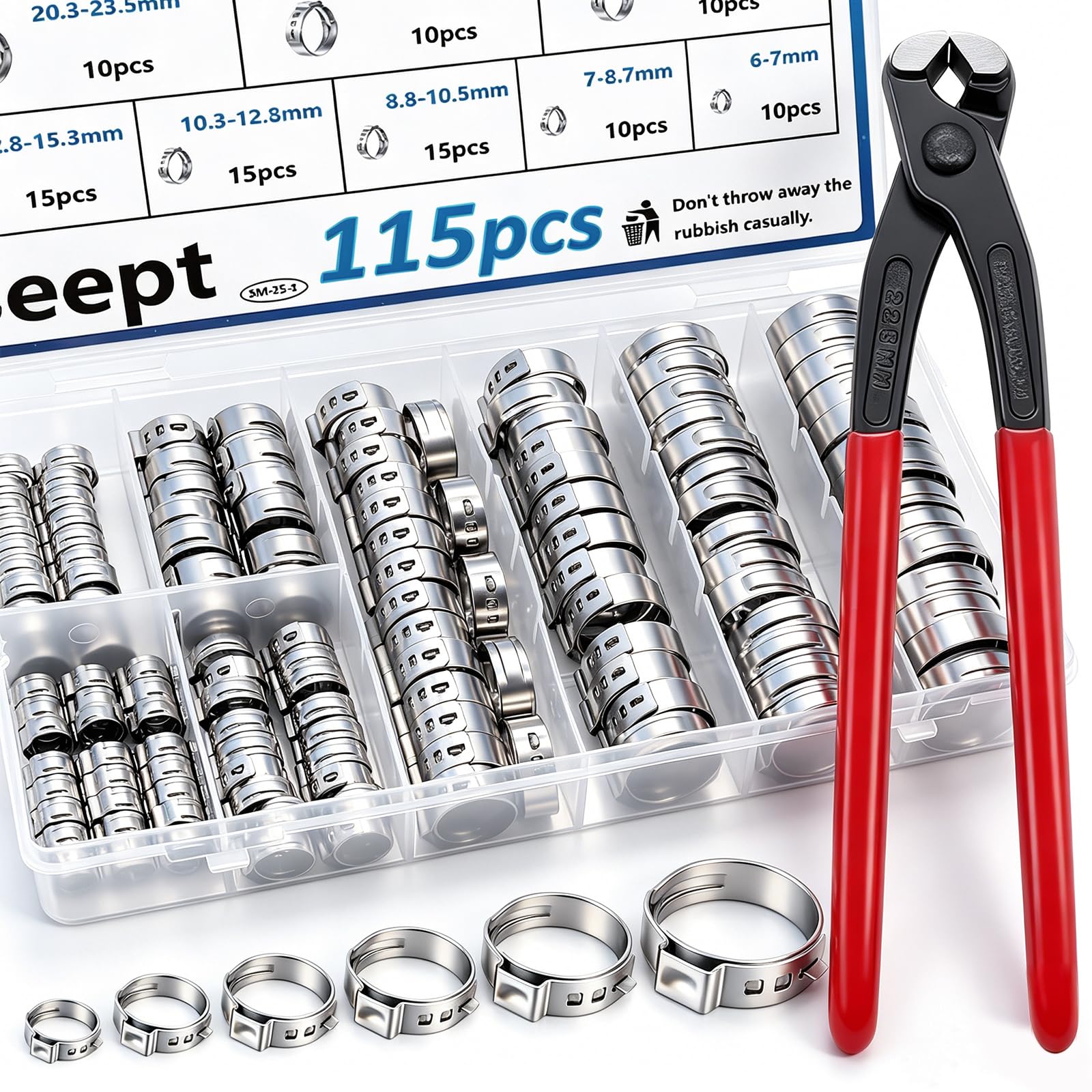 Seept 115Pcs 10-Sizes 304 Stainless Steel Single Ear Hose Clamps with Ear clamp plier 6-28.6mm Crimp Hose Clamps Assortment Kit for Auto/Home Appliance/Pipe/Fuel Line Stepless hose clamp with pincer