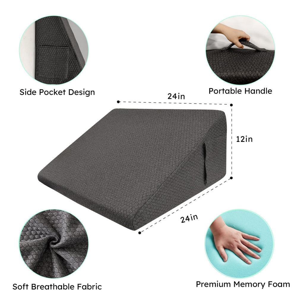 Bedluxe Wedge Pillow, 12 inch Bed Wedge Pillow, Elevated Body Pillow for Back Support, Acid Reflux, Leg, Neck Pain, Snoring, Triangle Pillow Wedge - Cooling Memory Foam Top, Dark Grey