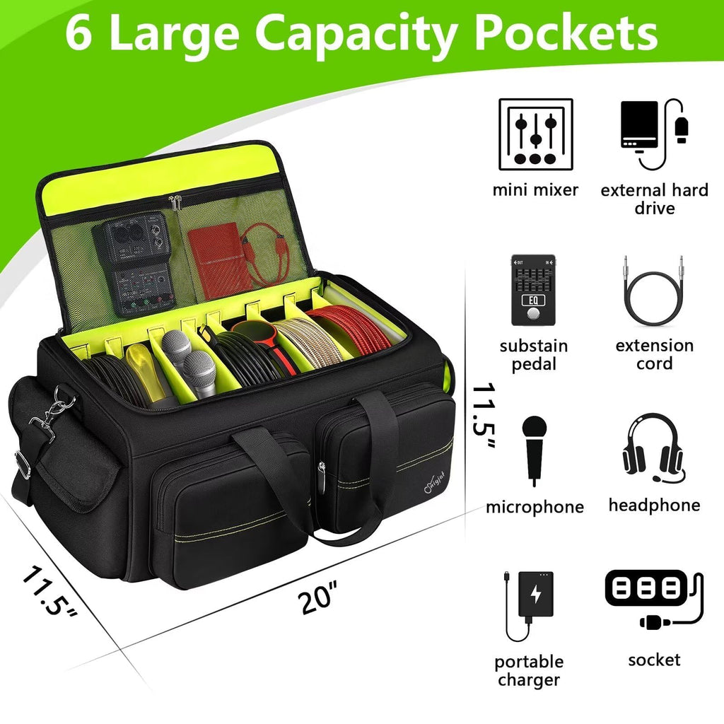 SNIGJAT DJ Bag, Large Capacity DJ Cable Bag with 6 Pockets for Extension Cords, Mics, Pedals, Gig Bag for Musicians, Musician Cable Organizer with Padded Shoulder Strap, DJ Acessories