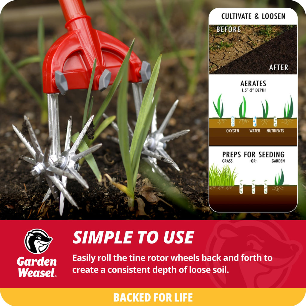 Garden Weasel Rotary Hand Cultivator Tiller for Aerating Weeding Planting