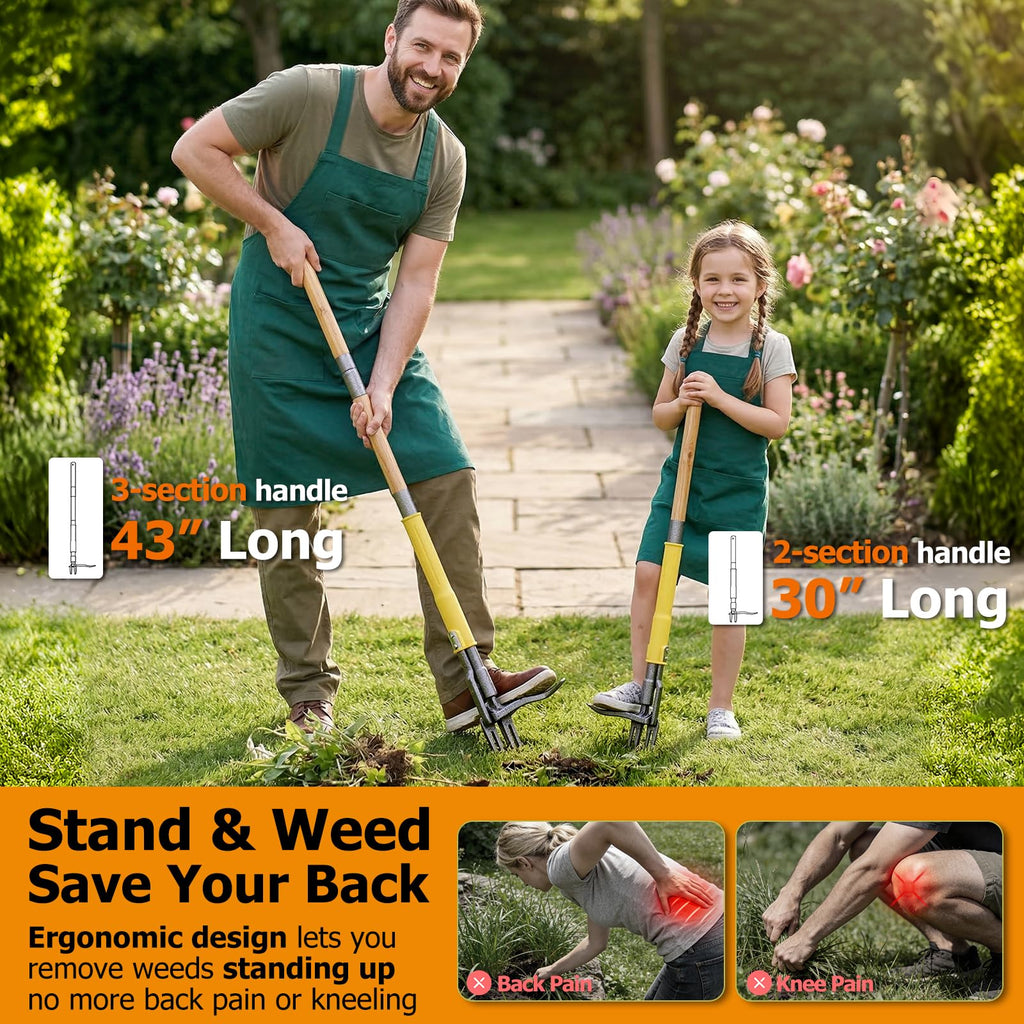 Weed Puller Tool Stand Up with Slide-Release Ejection, Reinforced Steel Weeder with 3-Section Long Handle, No-Touch Cleaning for Lawn & Garden, Heavy Duty No Bend Weeding Tool for Dandelions, Thistles