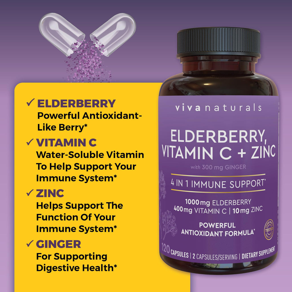 Viva Naturals Elderberry with Vitamin C and Zinc (120 Capsules) - 1000mg Sambucus Elderberry Immune Support Supplement, Black Elderberry Capsules for Adults, Elderberry Vitamins - 2 Months Supply