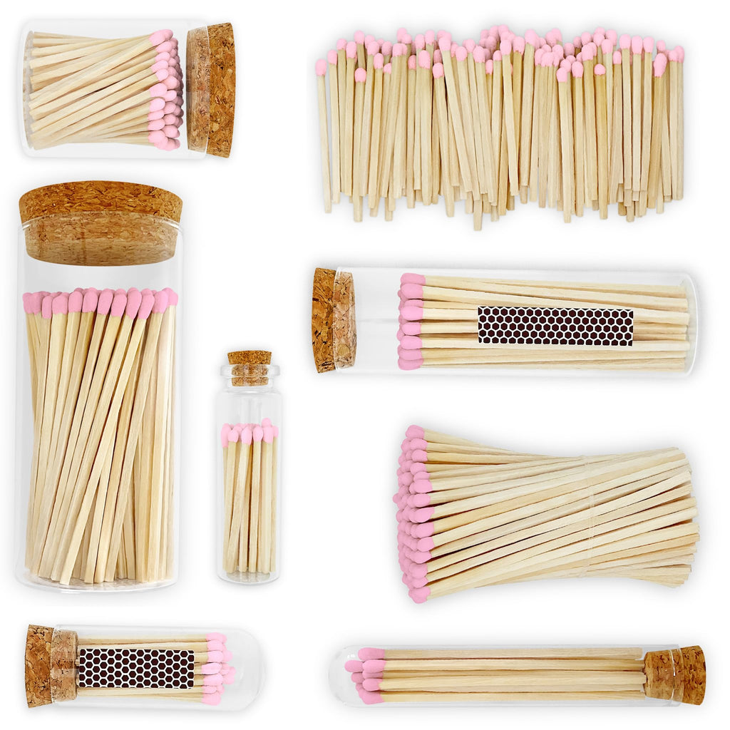 2" Light Pink Tip Safety Matches | Set of 200+ Bulk Artisan Matchsticks with Striker Stickers by Thankful Greetings | Decorative & Unique Candle Lighting, Home Decor, Wedding Giveaways, & Events