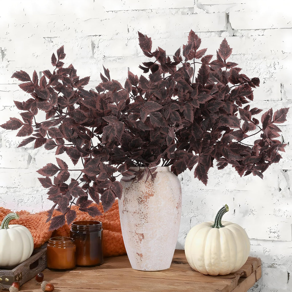 Hananona 4 Pcs Artificial Cimicifuga Leaf Spray, 23 Inch Faux Burgundy Fall Greenery Branch with Long Stems for Vase, Farmhouse Thanksgiving Autumn Centerpiece Halloween Decor (4, Chocolate)
