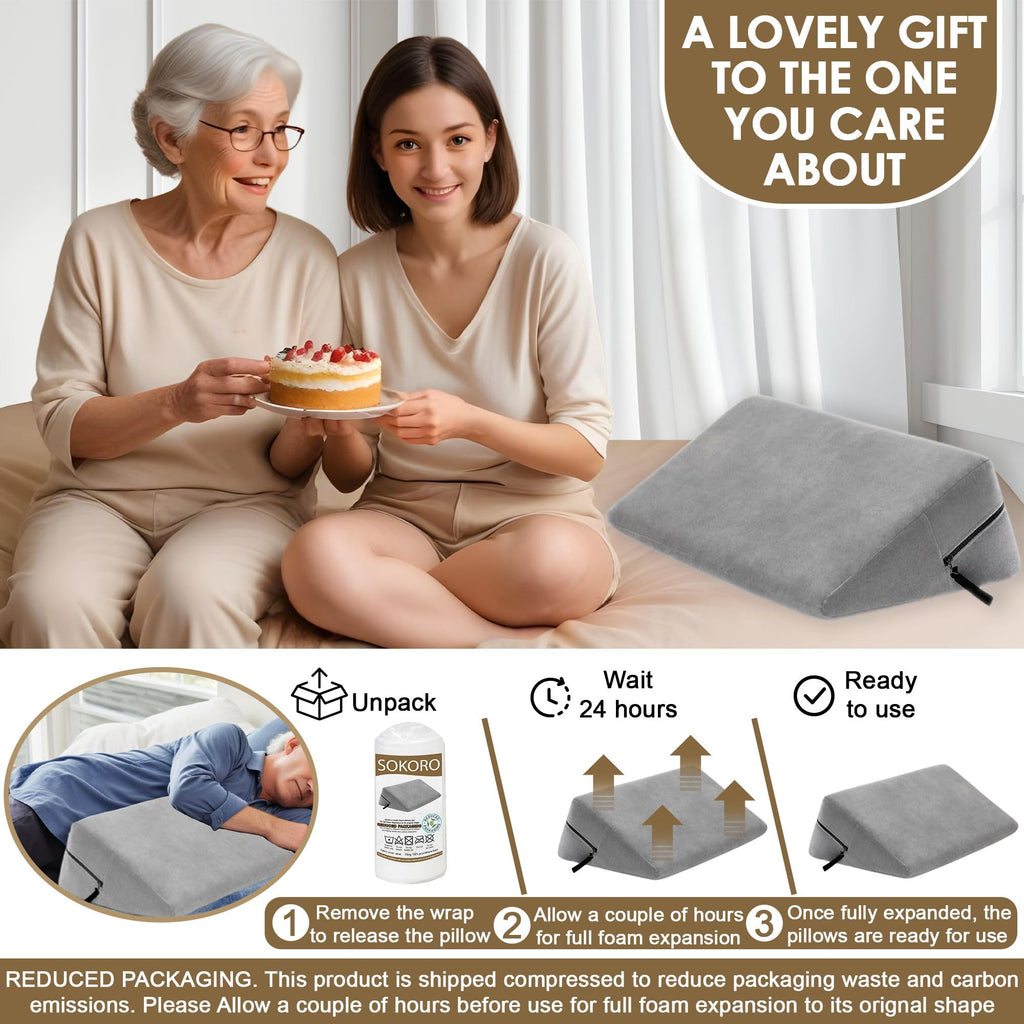 sokoro Bed Wedge Pillow for Sleep Apnea, GERD Acid Reflux Snoring Relief, Pregnancy Side Sleeper Pillow for Adults Seniors Neck Pain Back Sleeping, Leg Elevation Pillows for After Surgery Gifts, Grey