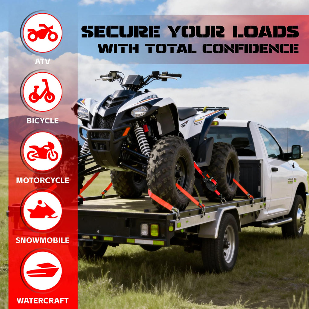 Retractable Ratchet Straps (2-Pack) - Heavy Duty Auto Slow Retraction Tie Down Straps - 1 Inch x 13 Feet (1,800lb Break Strength) for Truck, Cargo Trailer, Motorcycle, ATV, UTV - Red