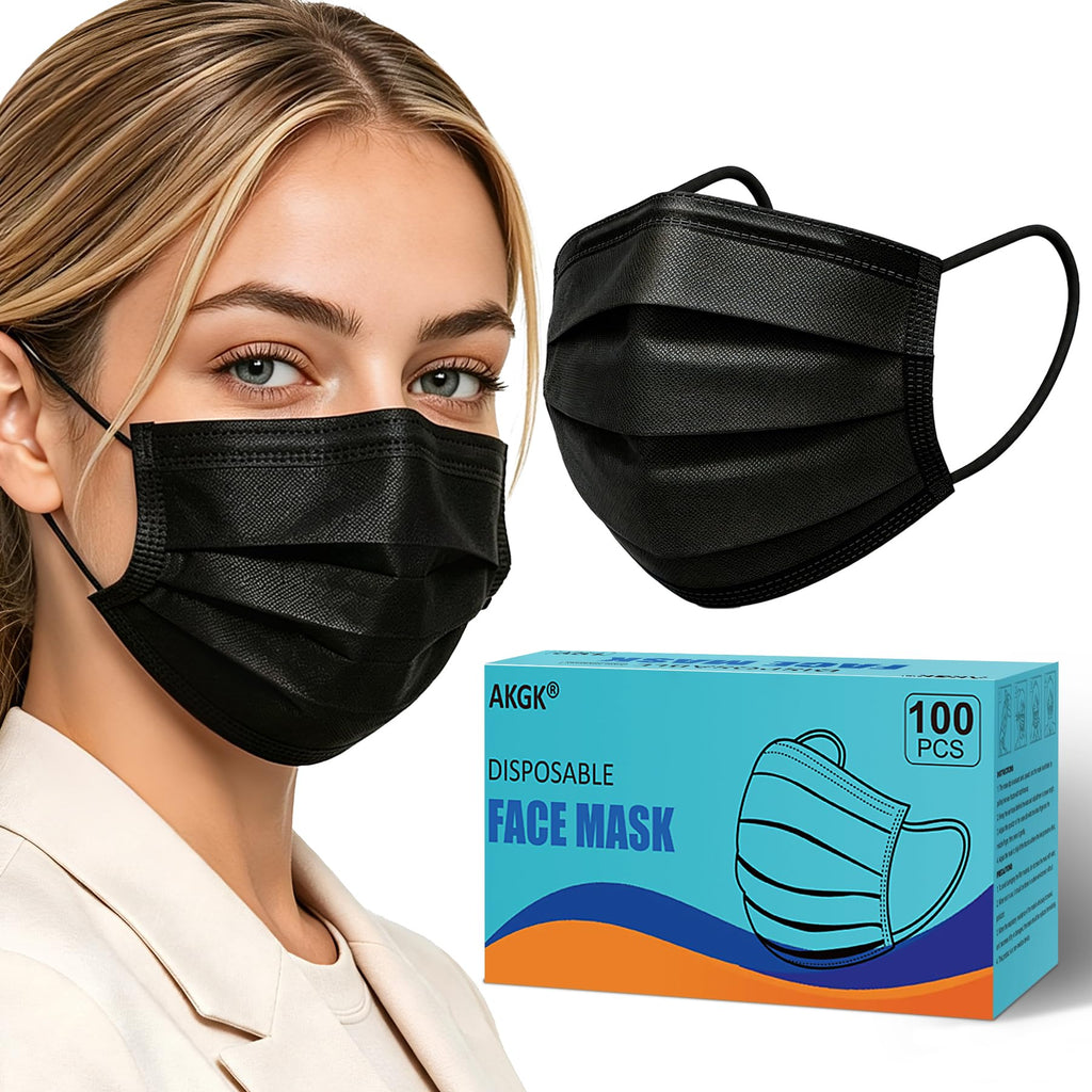 akgk 100Pcs Disposable Face Masks, Black Face Mask, 3 Ply Disposable Mask