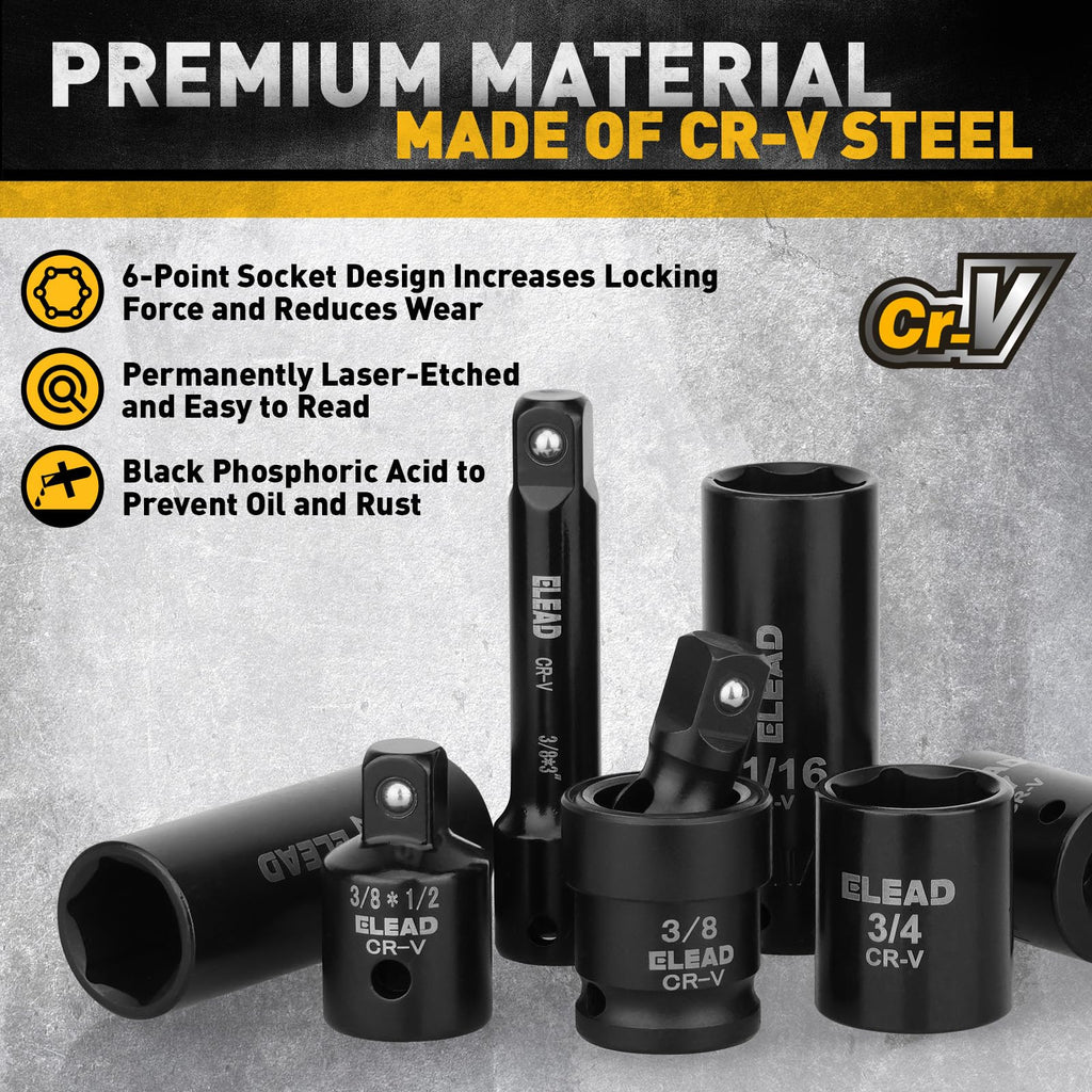 96-Piece 3/8" Drive Impact Socket Set, SAE(5/16 to 3/4-Inch) & Metric(8-22mm), Standard & Deep Sockets, Ratchet Handle, Bit Set, Universal Joint, Extension Bar, Adapters, Spark Plug Sockets