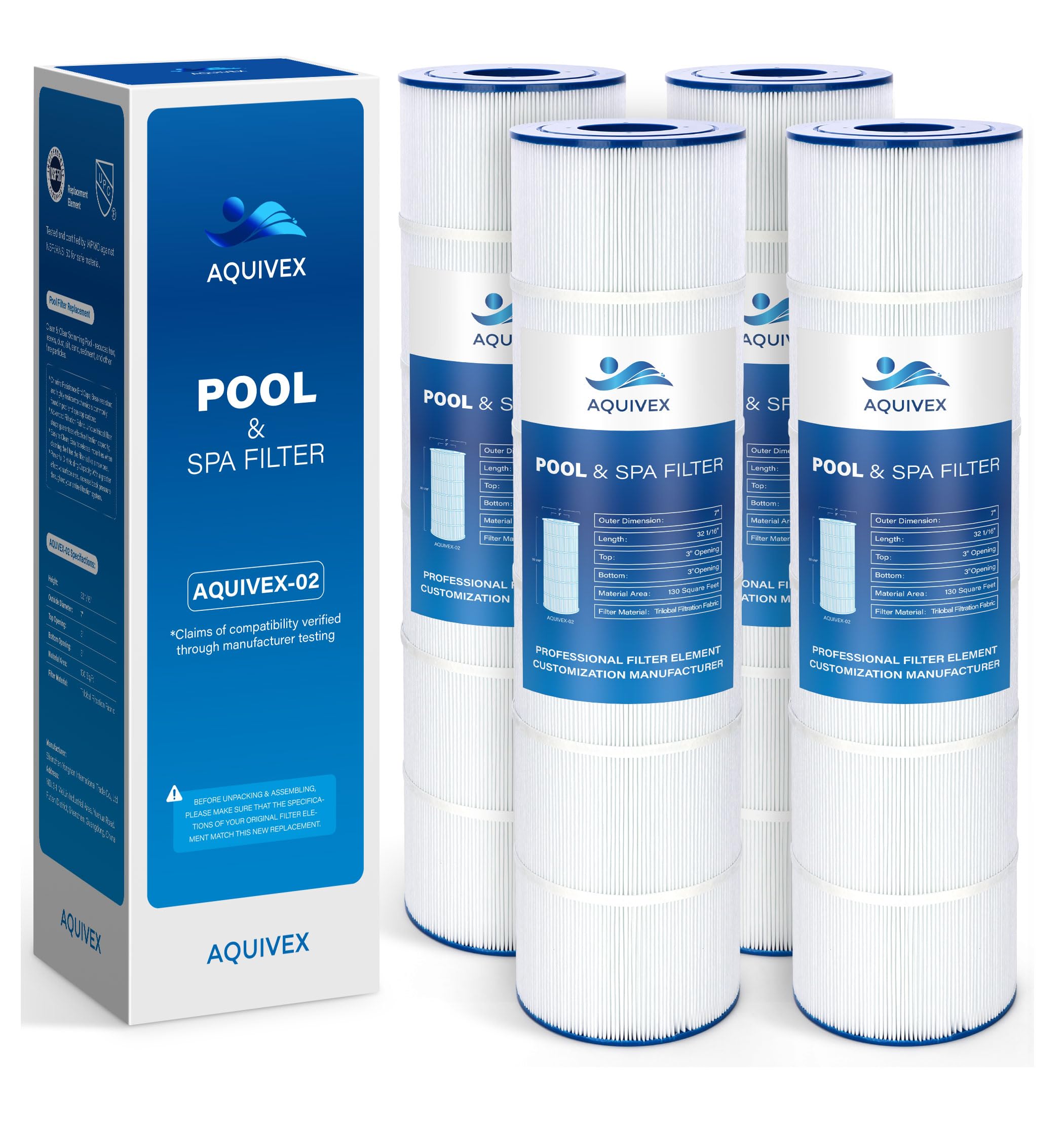 AQUIVEX CCP520 Pool Filter Cartridges 4 Pack, Compatible with Pentair Clean & Clear Plus 520, 160332, R173578, 178585, Pleatco PCC130, PCC130-PAK4, Filbur FC-1978, Unicel C-7472, Waterway 817-0131