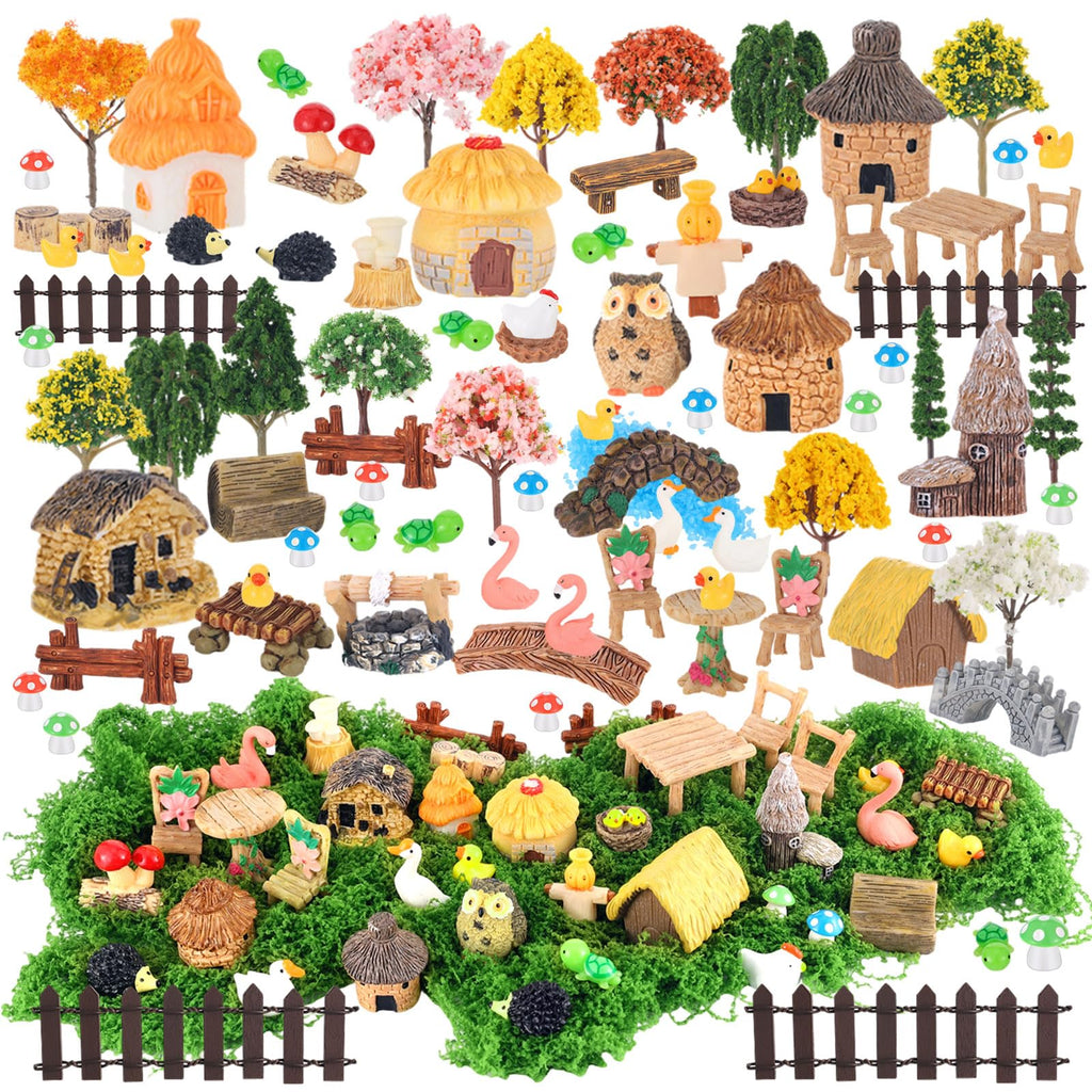 Ailefentene 84 Pcs Fairy Garden Accessories, Miniature Village Starter Kit with Moss Model Tree Tiny Resin Animal Figures, DIY Bonsai Micro Landscape Ornament for Terrarium Succulent Dollhouse Craft