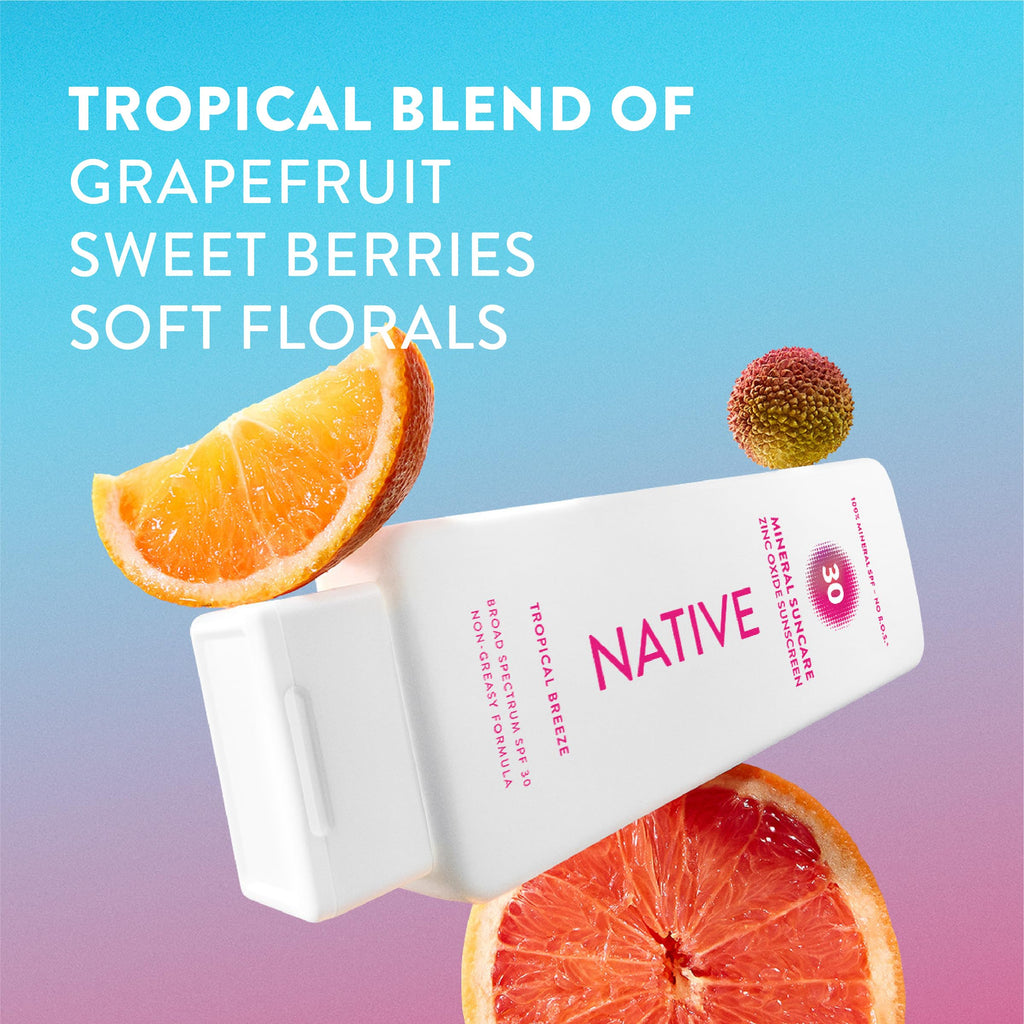 Native Sunscreen Lotion Tropical Breeze SPF 30, 100% Mineral SPF for Face & Body Broad Spectrum UVA UVB for Men & Women, Suitable for Sensitive Skin & Hawaii Compliant, Lightweight & No Residue, 7oz