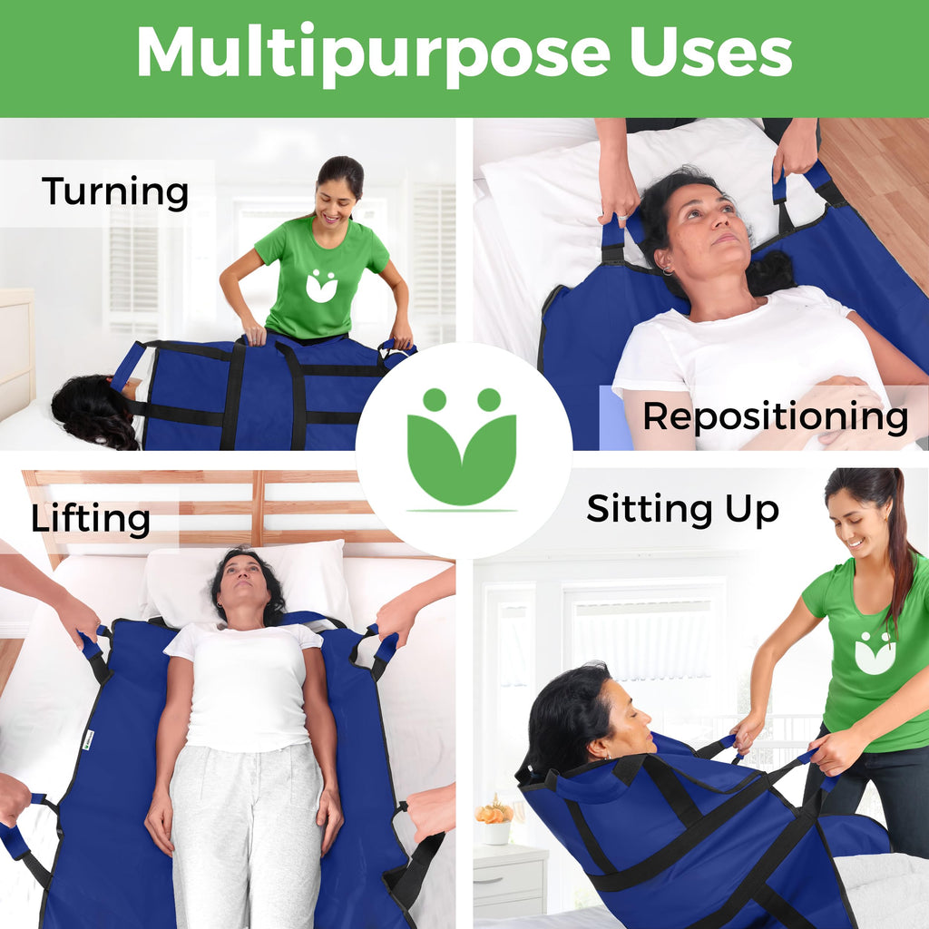 Positioning Bed Pad with 8 Reinforced Padded Handles - Washable Transfer Sheet for Lifting & Repositioning - Quick-Dry Patient Slide Blanket for Caregiver, Bedridden, Elderly - 48" x 40", Blue Ver 2