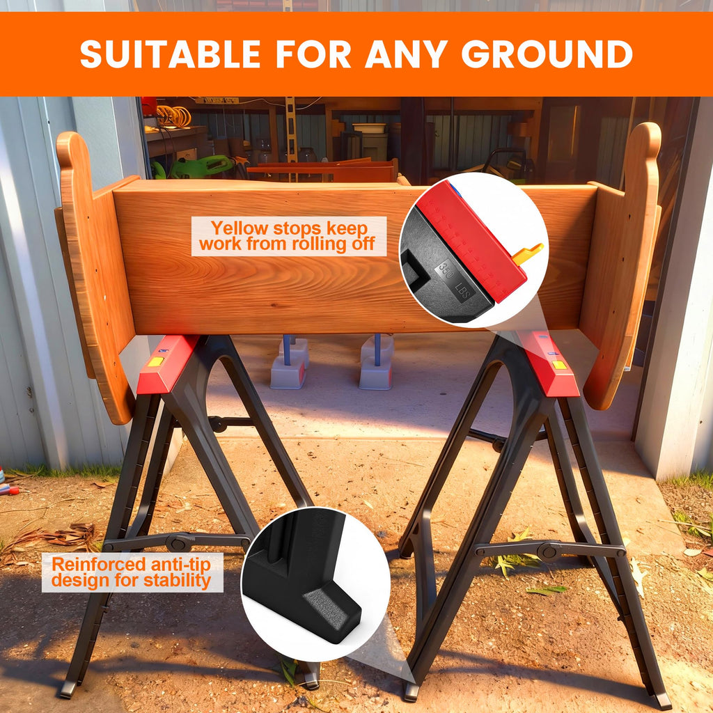 ZYJOYY Saw Horses 2 Pack, Folding Plastic Sawhorse, 700 LBS/Pair Capacity, 2.3" Folded for Easy Carry & Storage