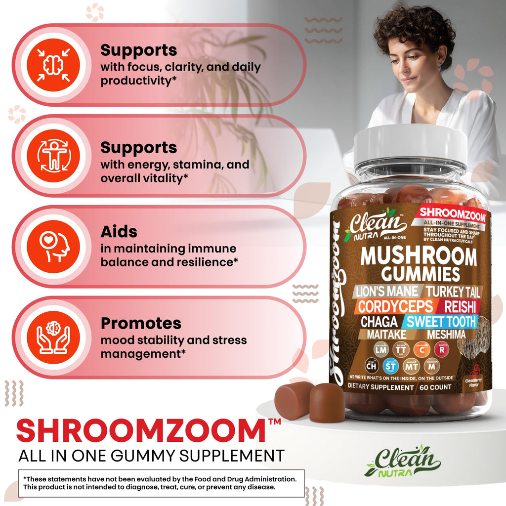 15in1 Mushroom Gummies with Lion's Mane Turkey Tail Cordyceps Reishi Chaga Sweet Toot Maitake Meshima Poria Cocos Shiitake Tremella, Oyster Agaricus Mushrooms for Men and Women Supplement - 2Pack